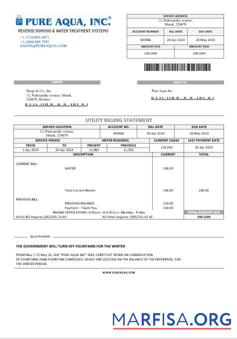 Printable Belarus Pure Aqua Inc business utility bill Word and PDF template